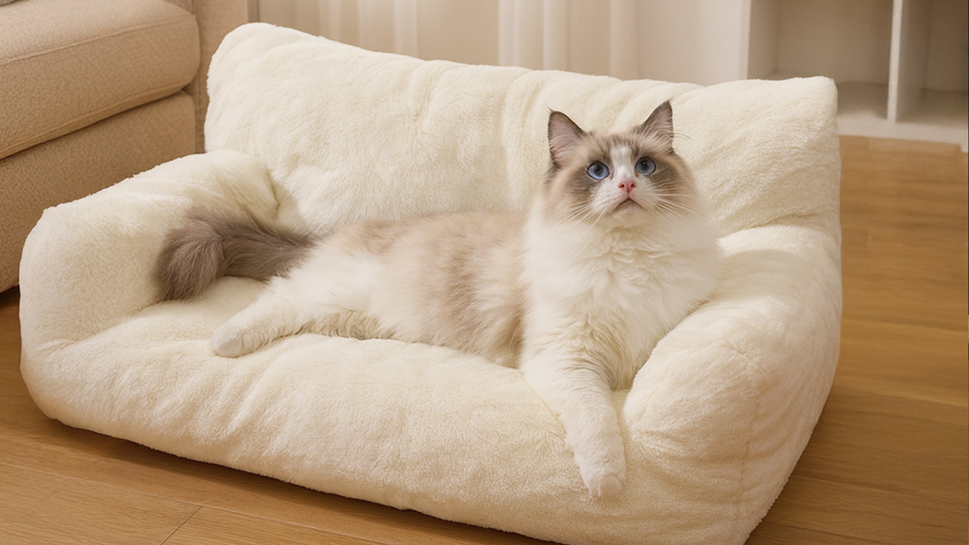 Cat lounging on a fluffy white pet bed in a home setting