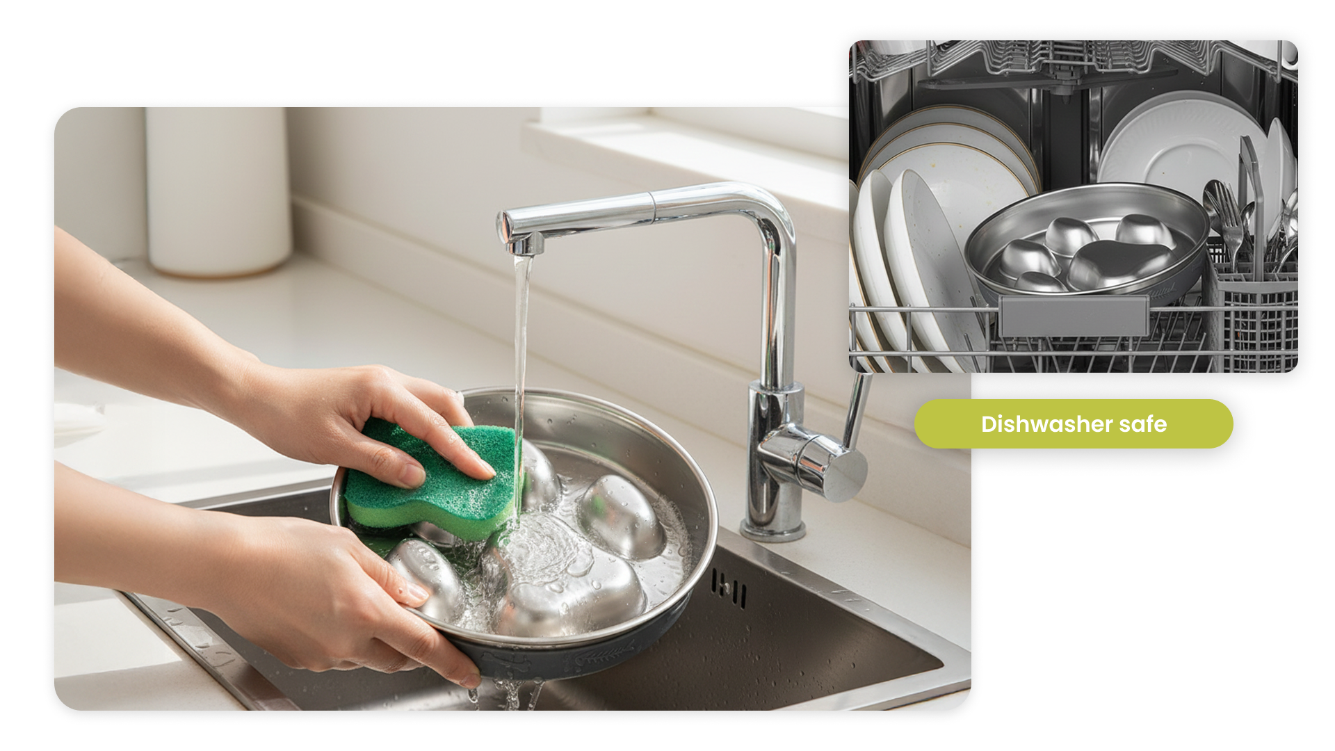 Image representing a person washing PawsPik Dog Slow Feeder bowl with Dishwasher Safe feature mentioned in the collage.