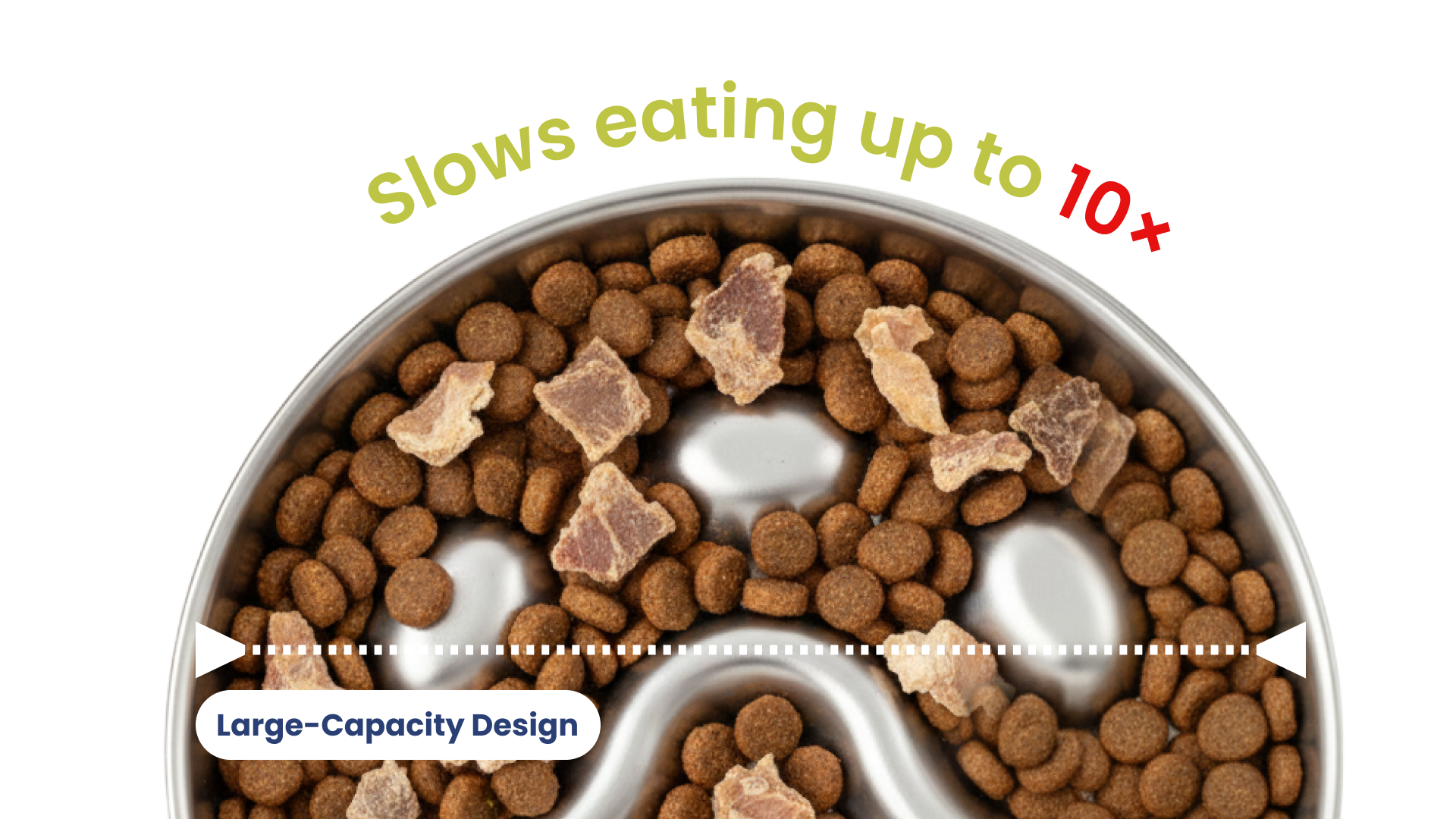 Stainless steel slow dog feeder bowl filled with kibble and treats, promoting a large-capacity design that slows eating by up to 10 times.