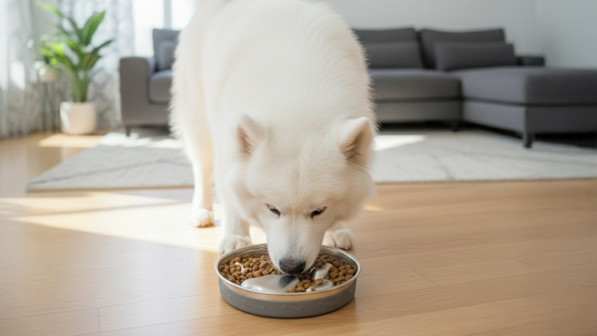 A fluffy white dog eats from a slow feeder dog food bowl in a bright living room, with a plant and a gray couch visible in the background.