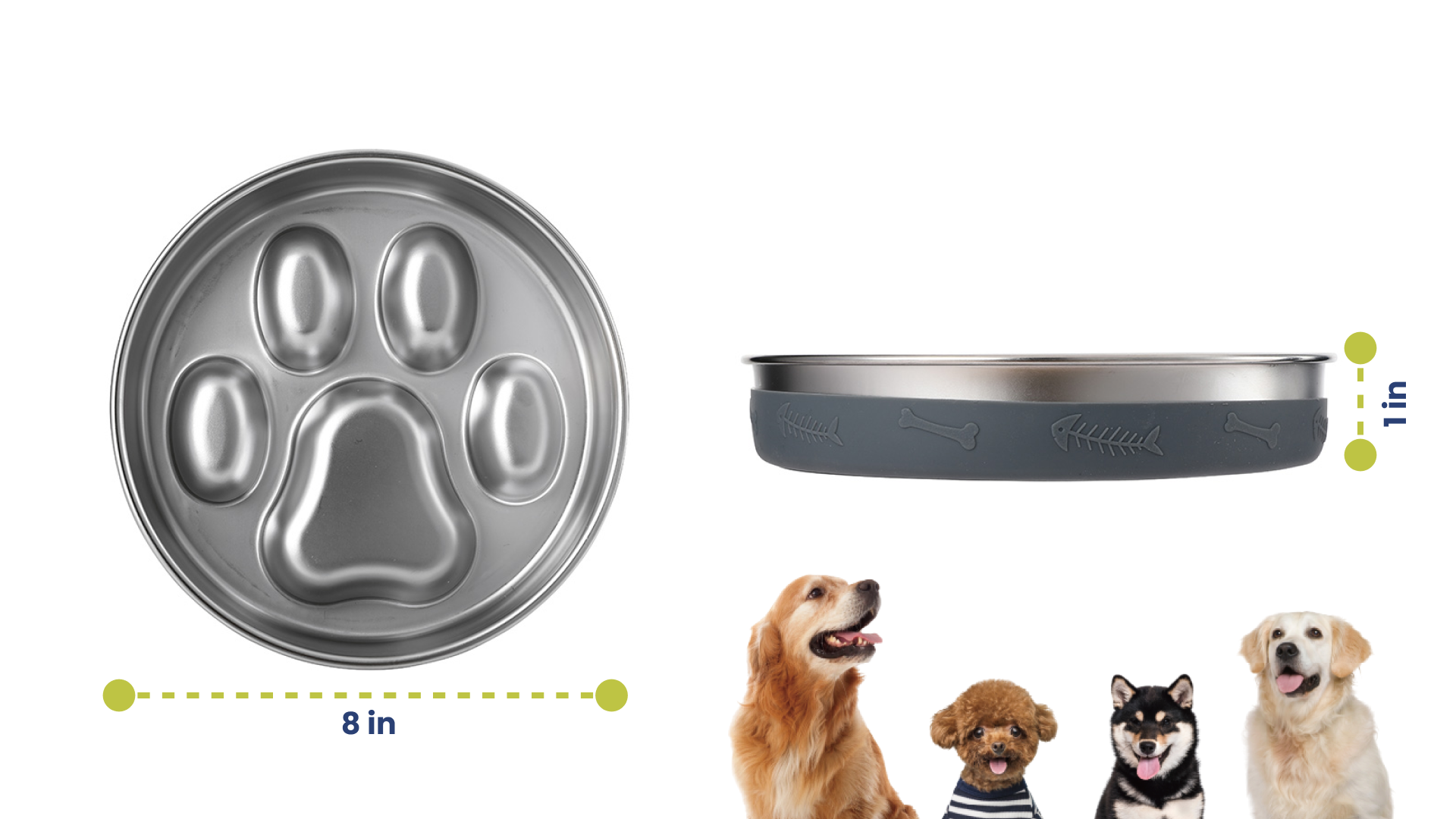A metallic slow eating dog bowl shaped like a paw, measuring 8 inches across and 1 inch high, with three playful dogs in the foreground.