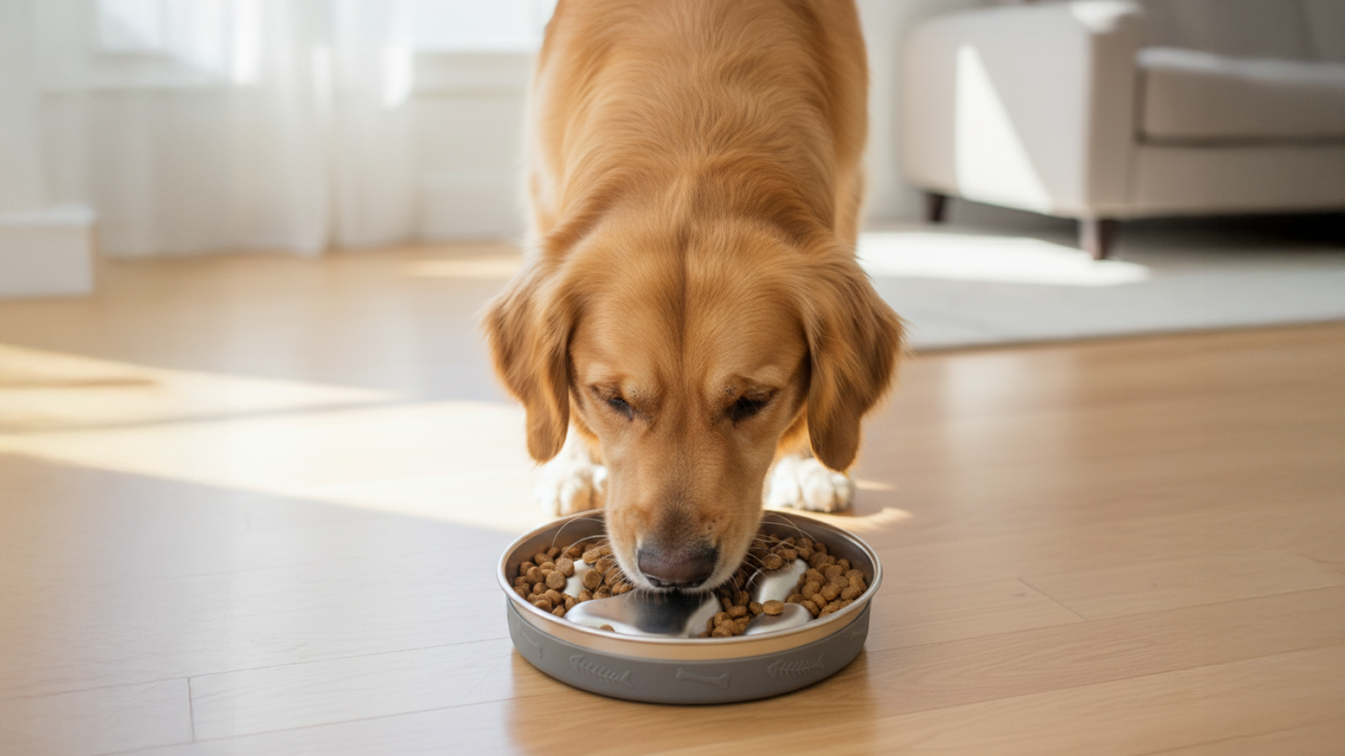 A golden dog is eating from a gray dog slow feeder filled with dry kibble on a wooden floor, illuminated by soft natural light.