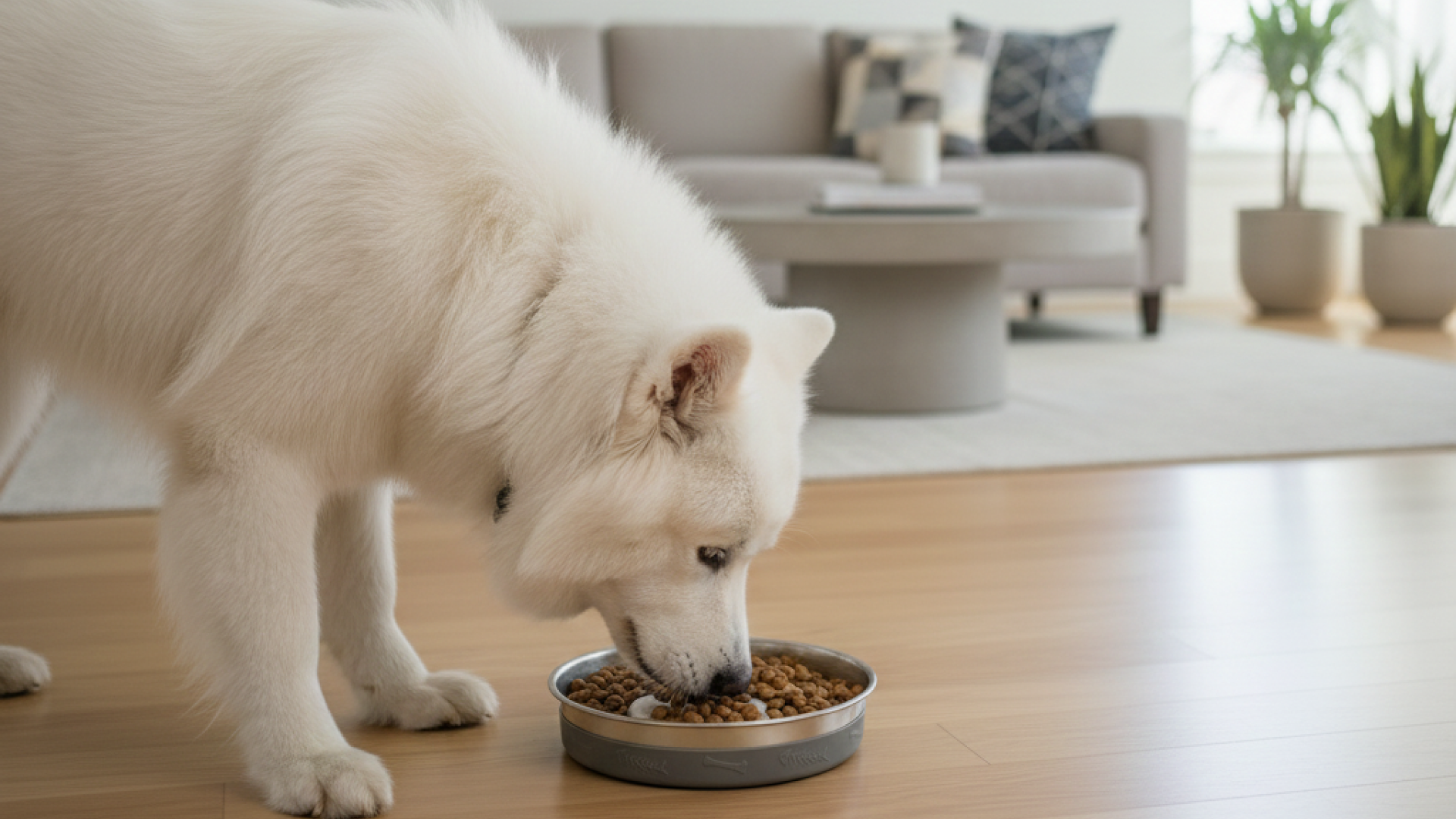 A white Samoyed dog eating dry kibble from a slow feeder dog bowl in a modern, bright living room with minimalist decor.