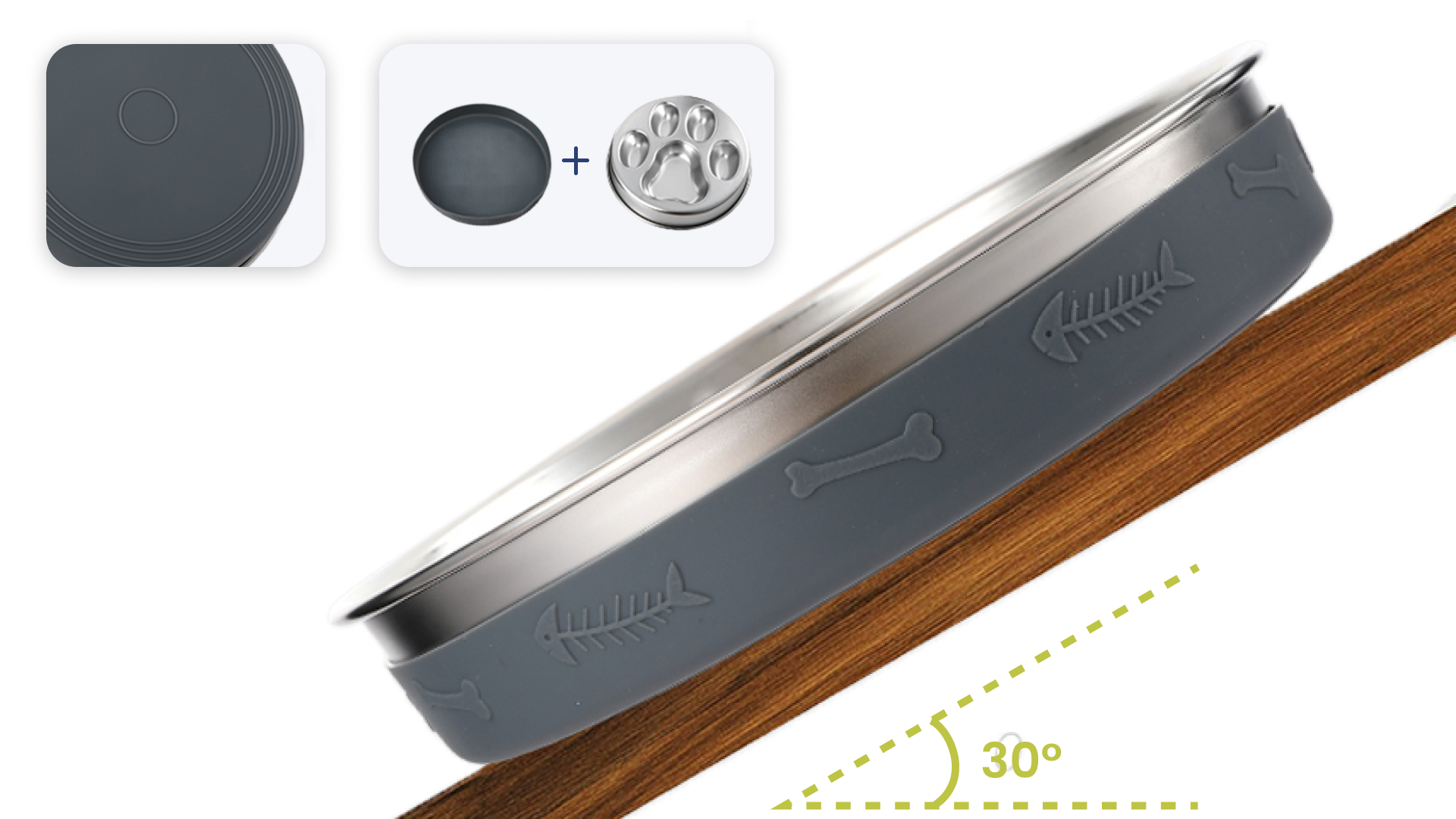 PawsPik slow feeding dog bowl with a gray silicone base featuring fish and bone designs, tilted on a wooden surface, demonstrating a 30° angle.