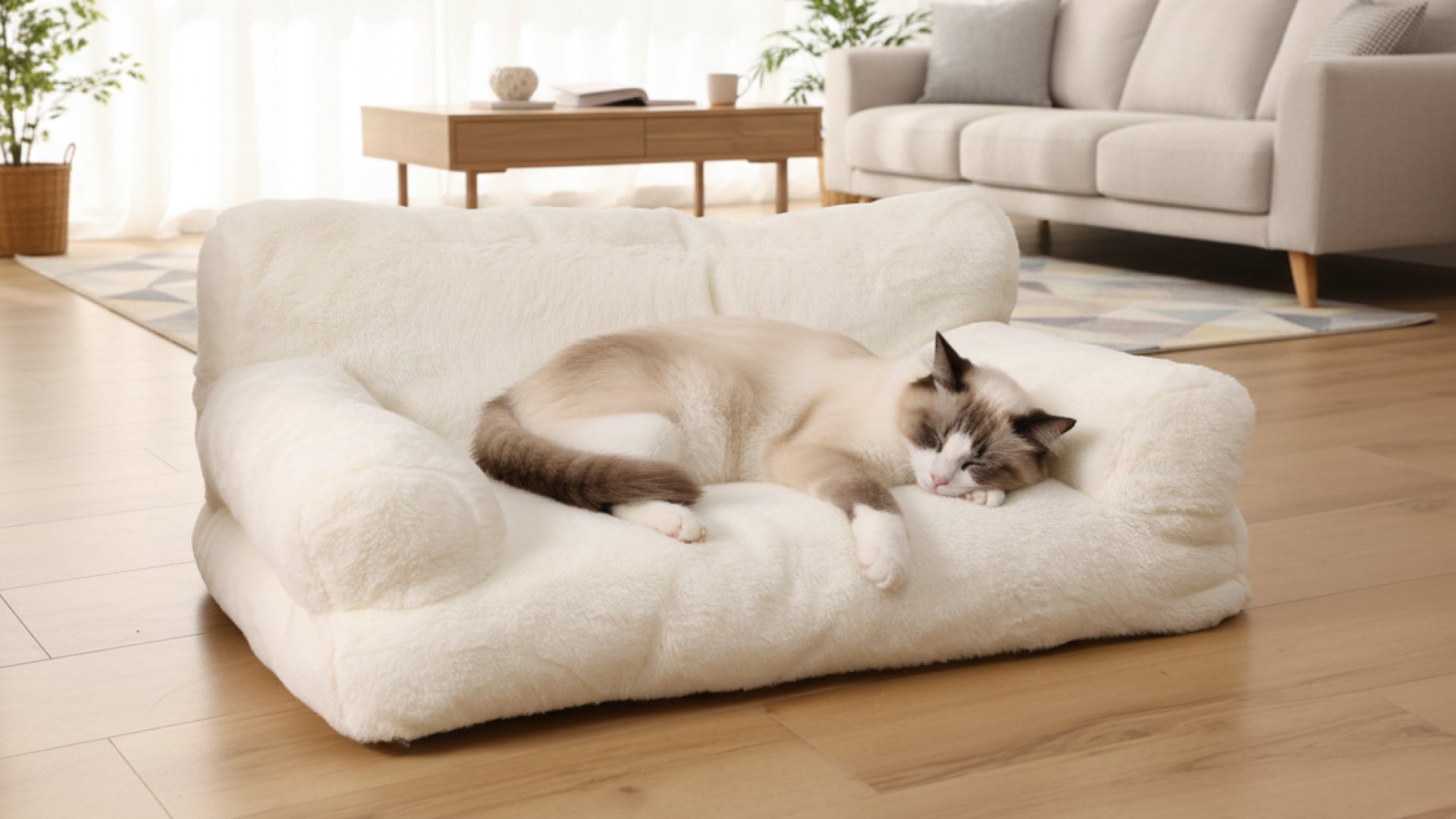 Cat lying on a fluffy white pet bed in a living room.