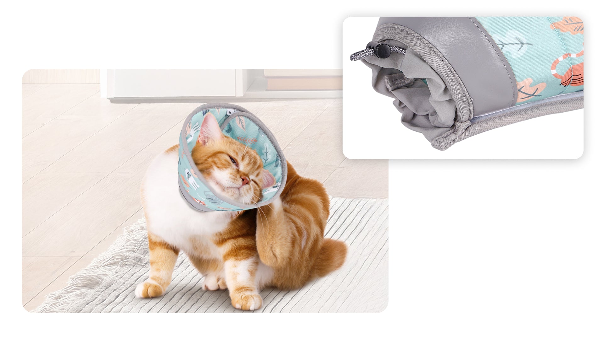 A playful orange cat wearing a colorful cat cone sits on a soft rug, grooming itself with a focused expression.