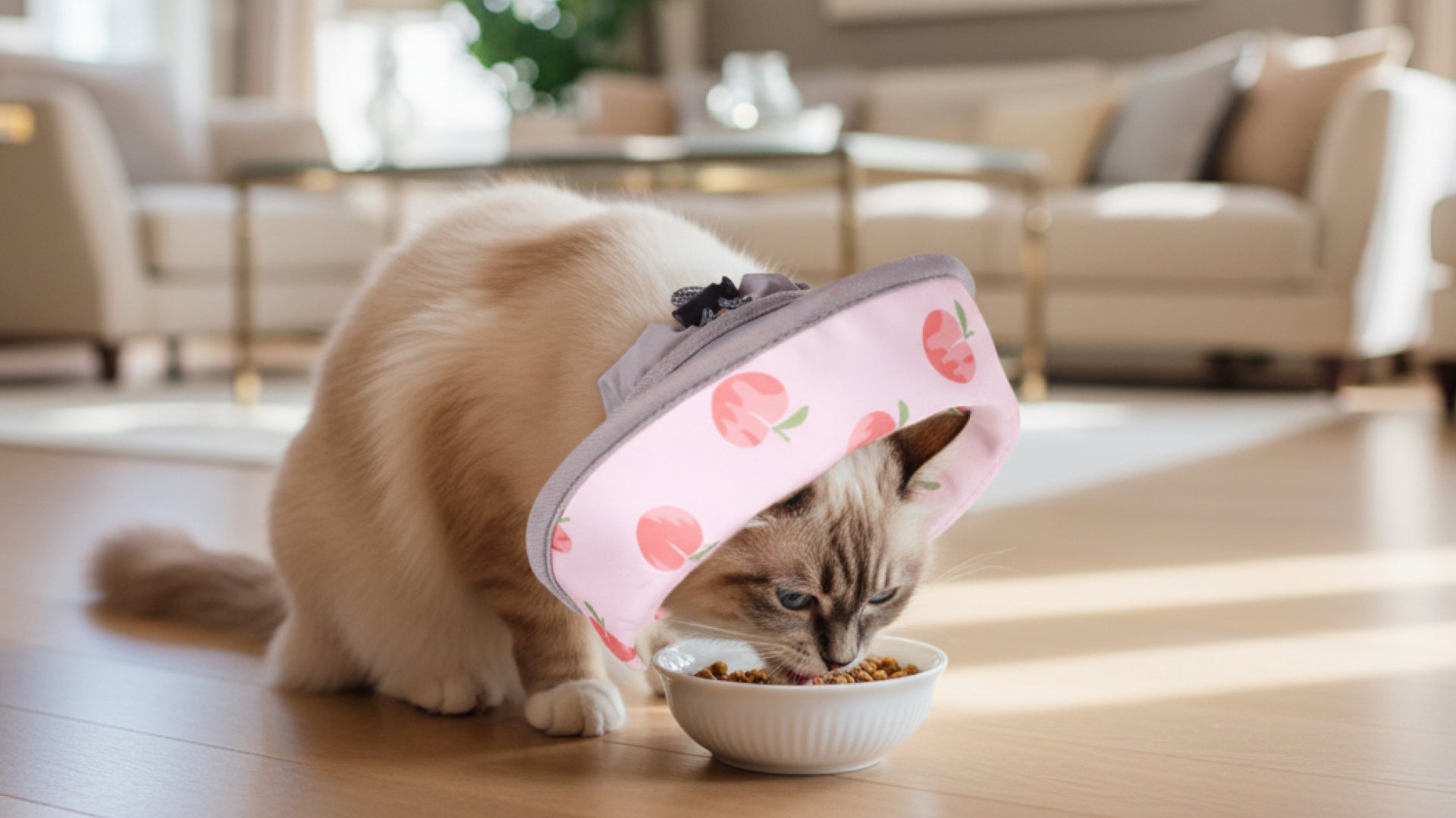 A fluffy cat wearing a pink, fruit-patterned cat recovery collar leans over to eat from a bowl of cat food in a bright, modern living room.