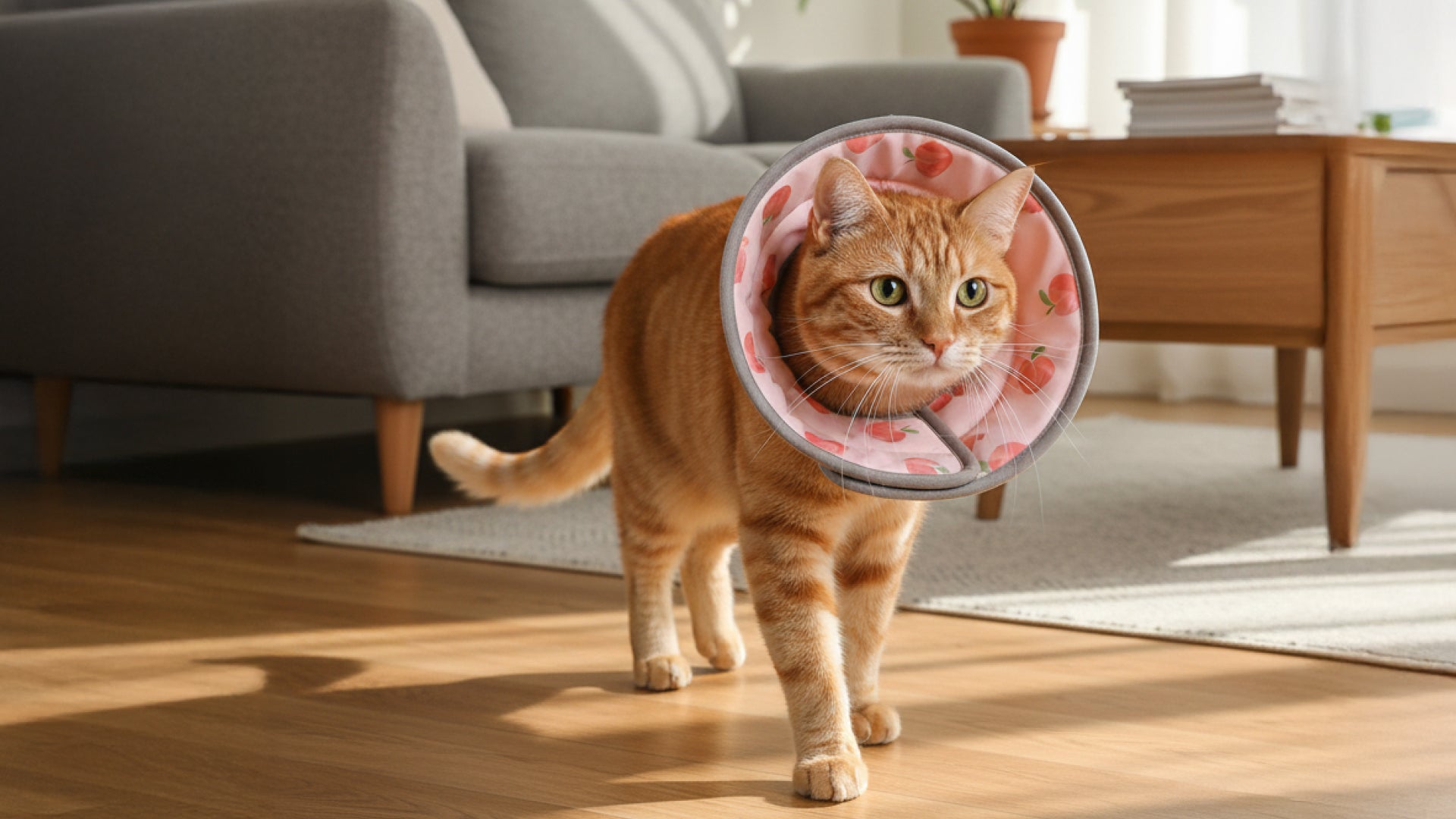 An orange tabby cat wearing a pink floral cat recovery collar walks on wooden flooring, with a cozy living room in the background.
