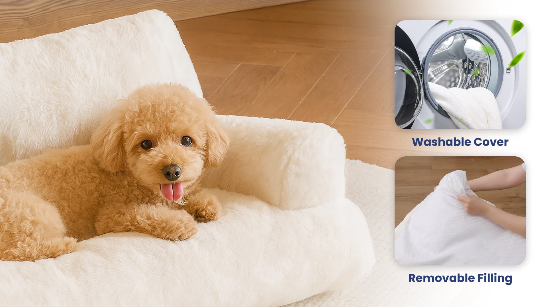 Dog lying on a white pet bed with insets showing washable cover and removable filling features.