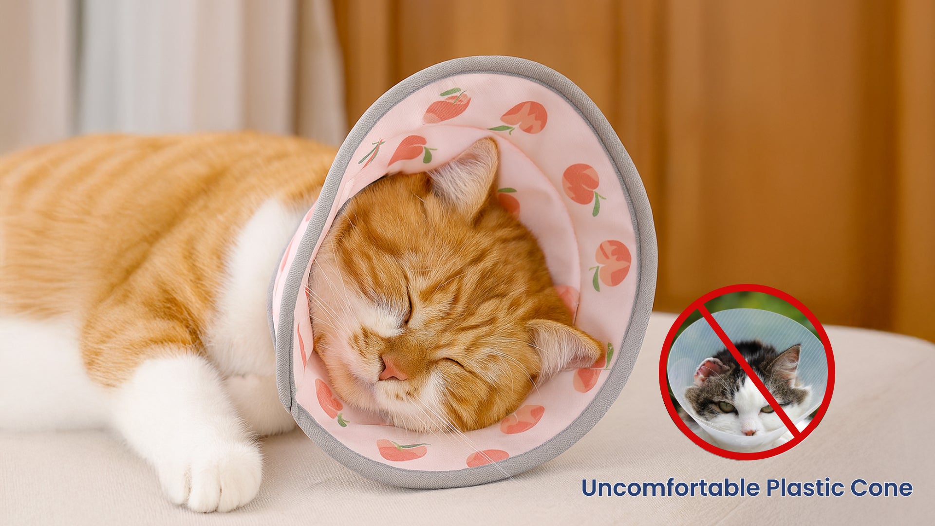 A sleeping orange tabby cat wears a pink cat cone collar adorned with flowers, looking snug and cozy on a soft surface.