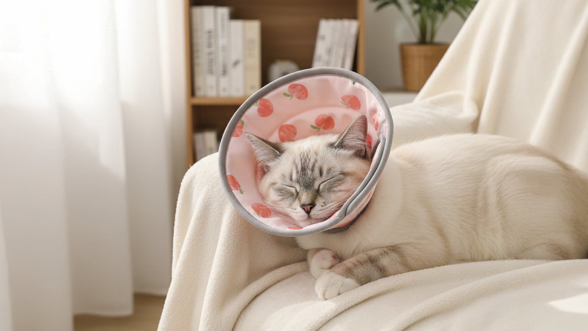 A calm white cat with gray markings rests peacefully on a soft blanket, wearing a pink soft cone for cats adorned with peach patterns.