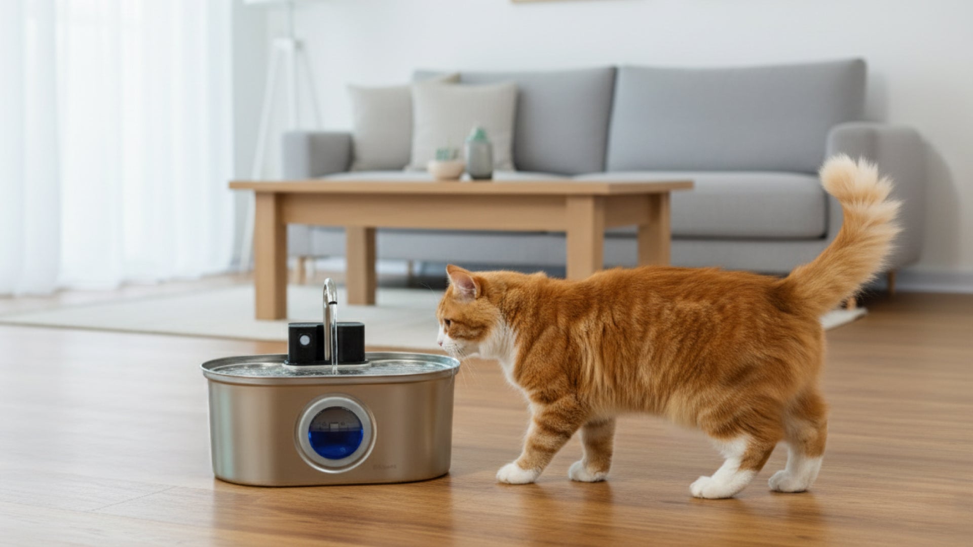 An orange cat curiously approaches a stylish battery operated cat fountain in a modern living room with a cozy sofa in the background.