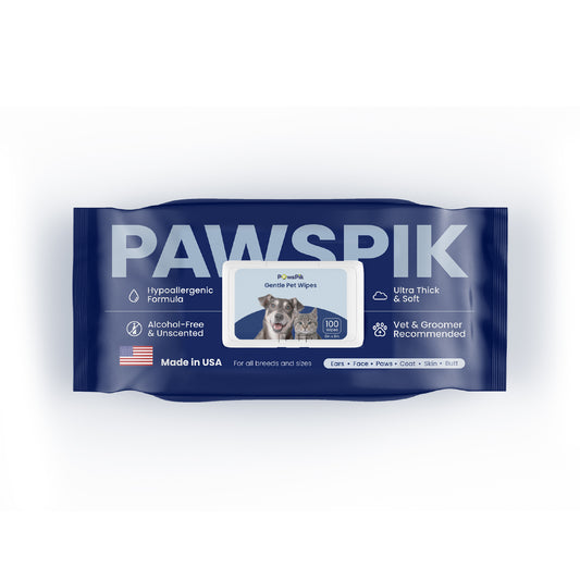 A pack of PawsPik hypoallergenic pet wipes for dogs, alcohol-free and vet recommended.