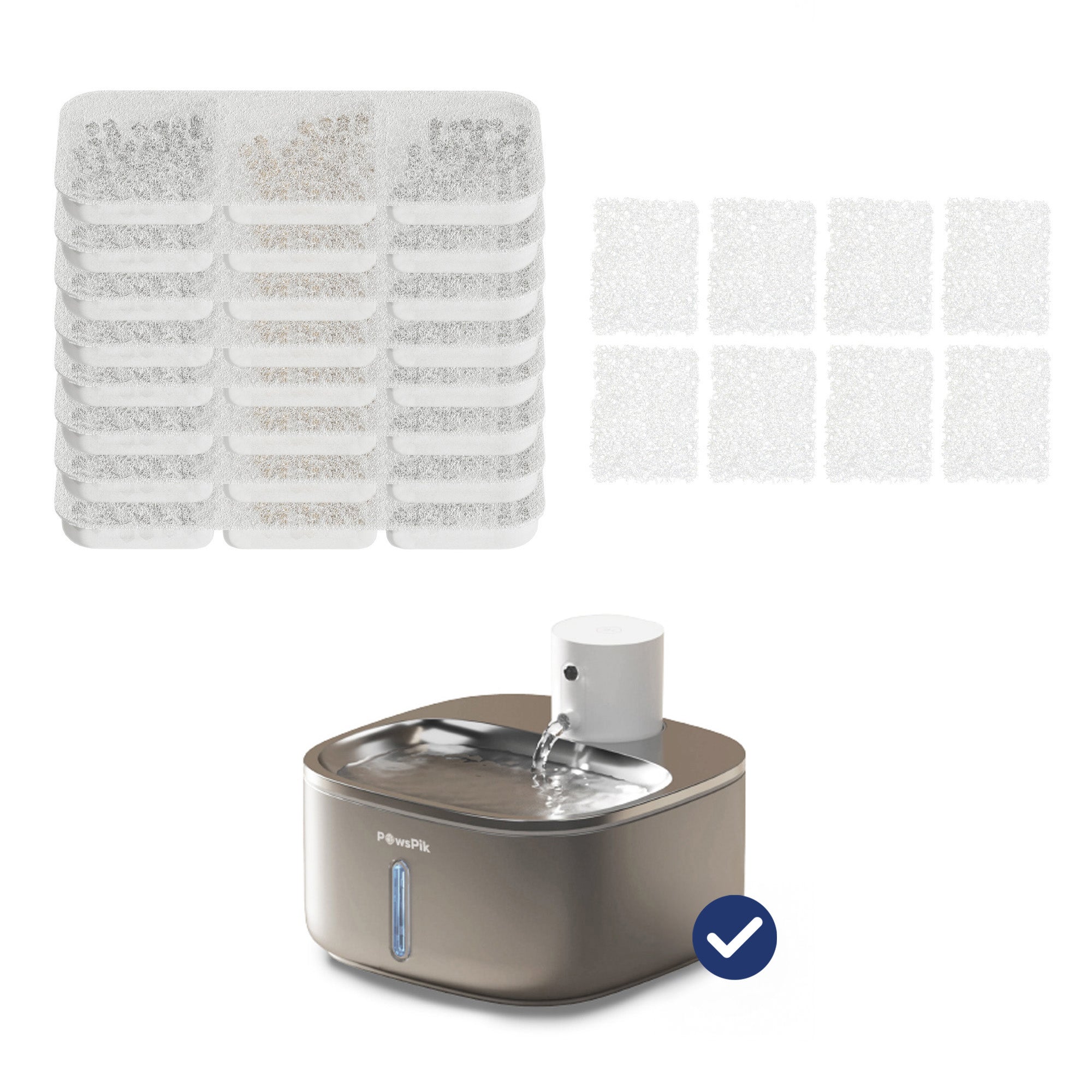 PawsPik Cat water fountain with a spout and light indicator, accompanied by multiple replacement filters and a set of six additional sponges.
