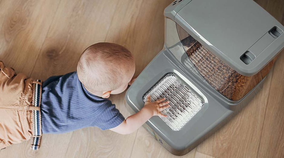 the portionpro rx is childproof so no need to worry about kids getting into the food bin