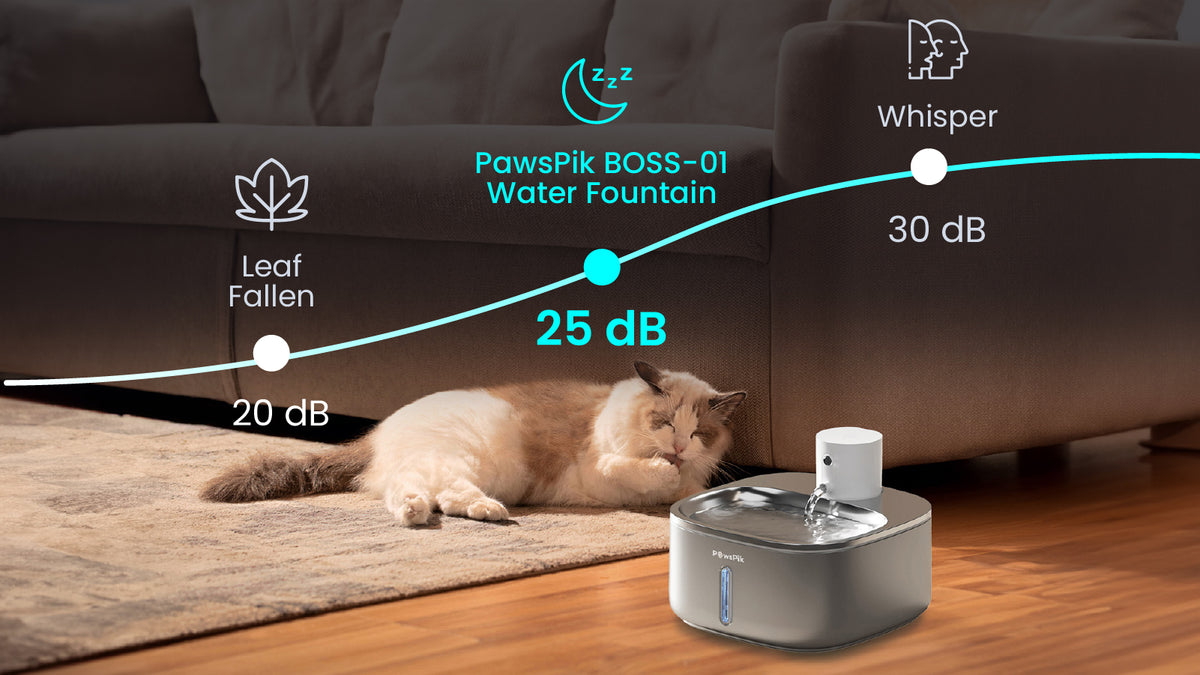 A cat lounges by quiet Pawspik Automatic pet water dispenser, with noise level indicators comparing it to
leaves and whispers.