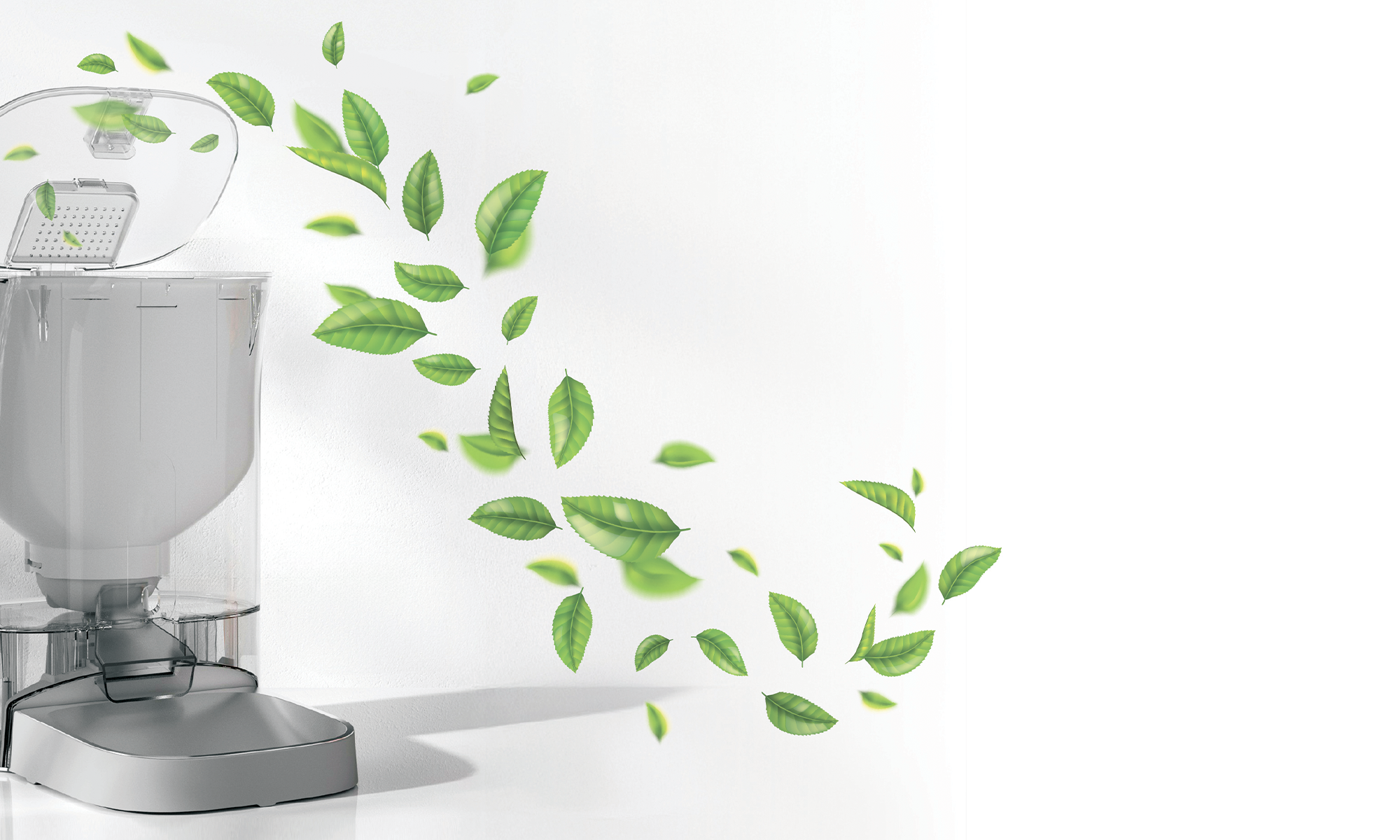 A sleek and modern cat feeder is set against a white background. Green leaves swirl around it, suggesting food-freshness and eco-friendliness.