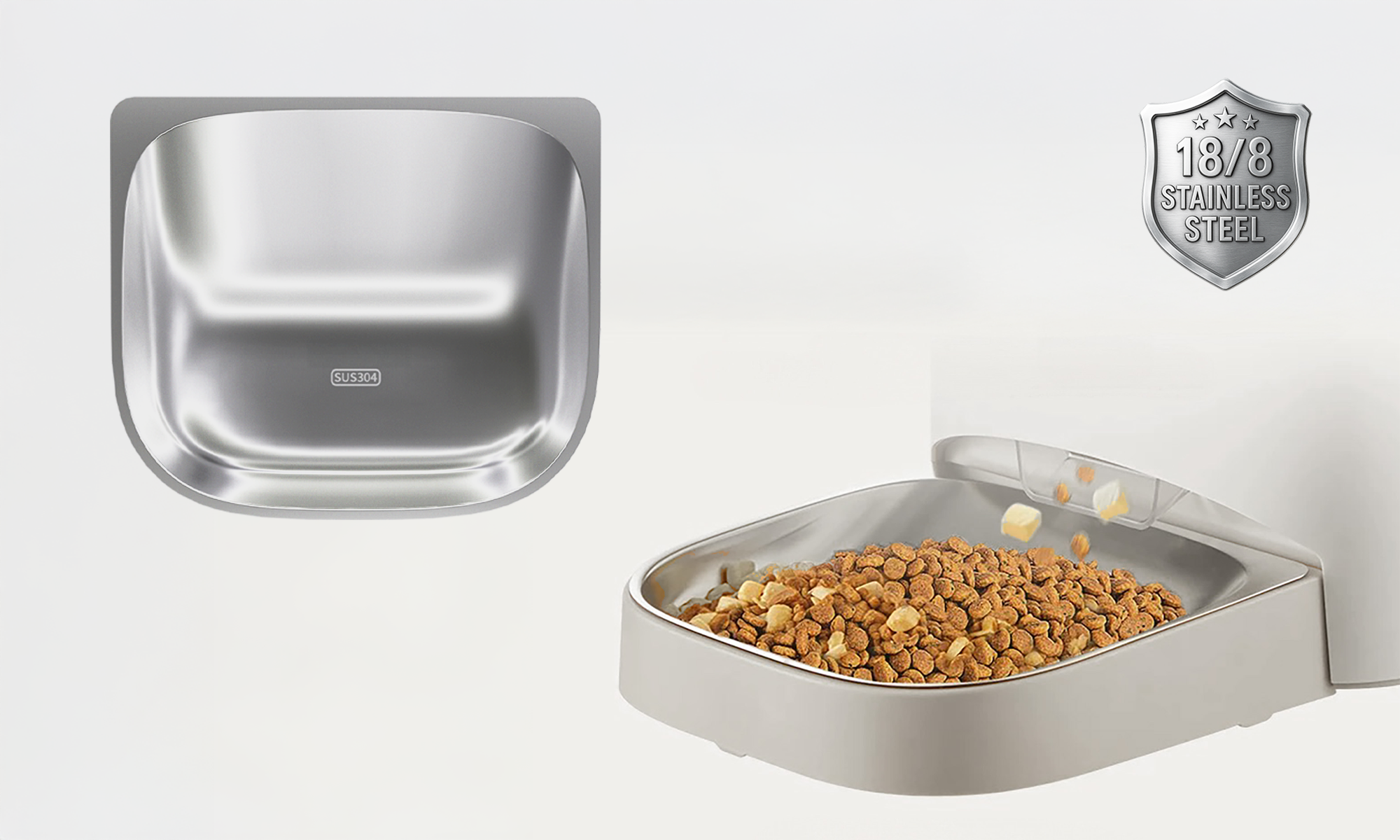 Stainless steel pet food bowl on the left, showing its smooth, shiny surface. On the right, the bowl is filled with kibble. A "18/8 Stainless Steel" badge is at the top-right.