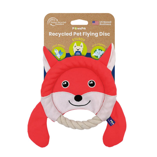 A red and white recycled pet flying disc dog toy by PawsPik with a rope, on a cardboard hanger.