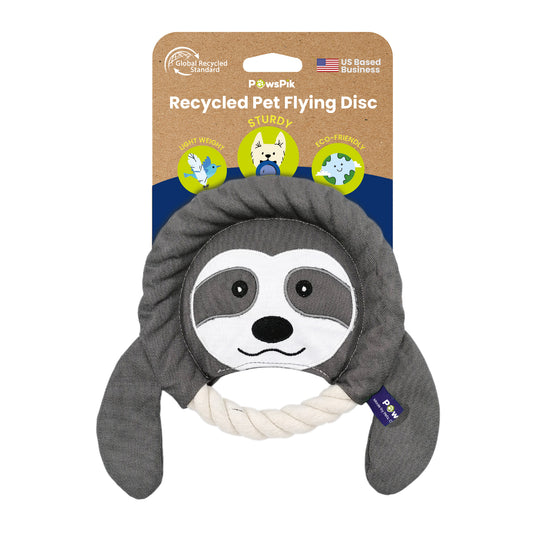 A grey and white recycled pet flying disc dog toy by PawsPik with a rope, on a cardboard hanger.