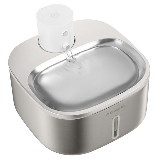 Modern pet water fountain by Pawspik with a flowing spout and high-quality stainless-steel finish.