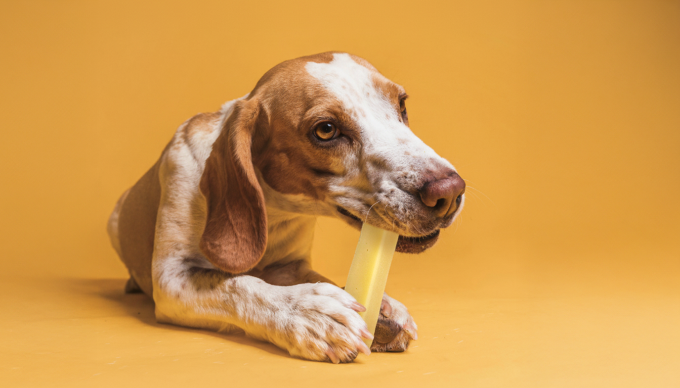 A dog enthusiastically gnawing on a dog chew, showcasing its playful nature.